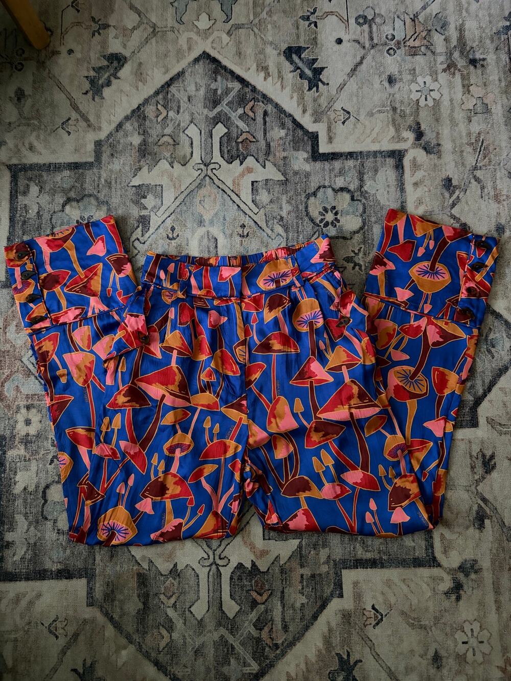 Farm Rio Mushroom Print Pants XS Blue Pink High Rise Straight Leg